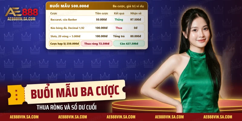 Buổi mẫu ba cược ghi bằng thuật ngữ cá cược AE888 với tiền cược hợp lệ và số dư cuối