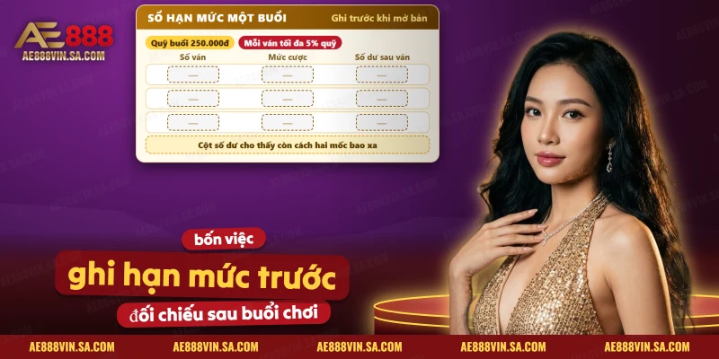 Sổ hạn mức ghi trước khi mở bàn với quỹ buổi, mức cược tối đa mỗi ván và cột số dư để quản lý vốn