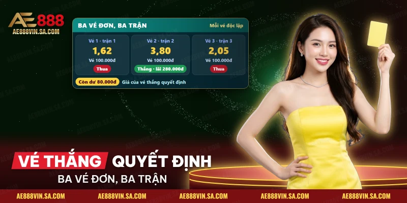 Kèo đơn trong kèo châu Âu 1X2 AE888 gồm ba vé ở ba trận, mỗi vé thắng thua độc lập