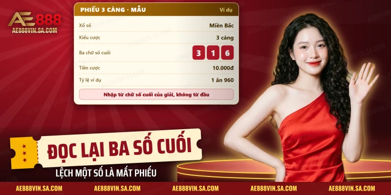 Phiếu 3 càng AE888 mẫu ghi ba chữ số cuối, tiền cược và tỷ lệ ví dụ
